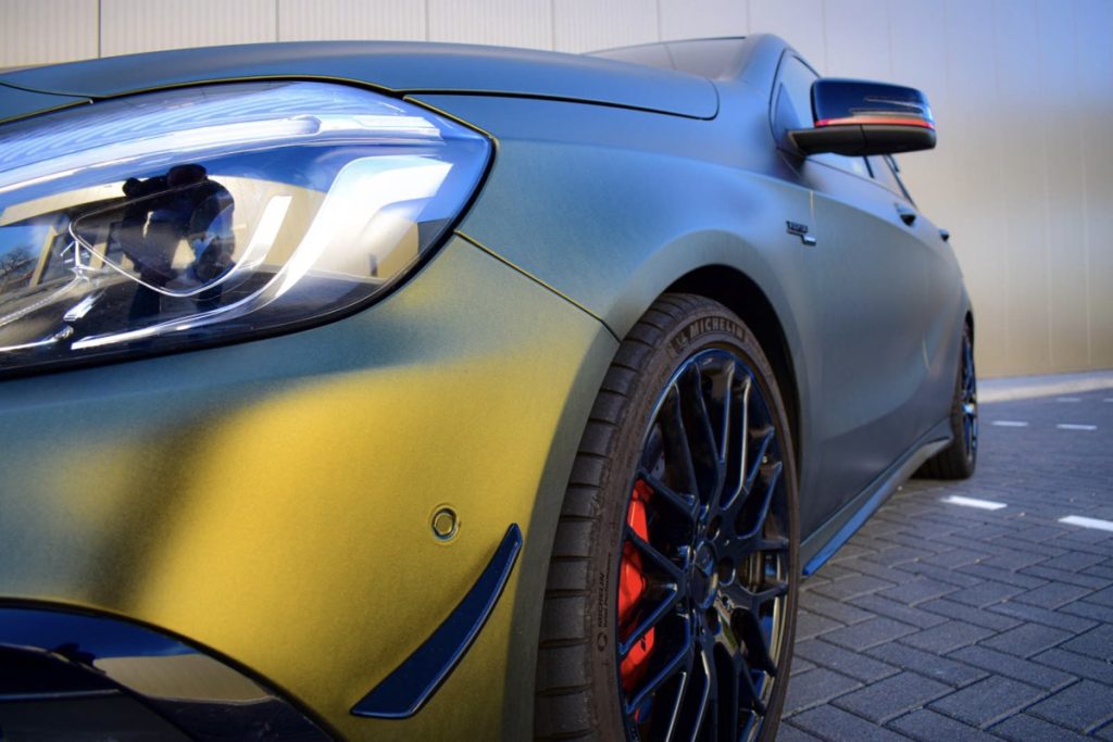 car wrapping Mercedes A45 AMG Hexis Matte Golden Black