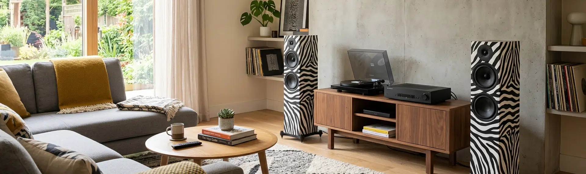 woonkamer met bank, audioinstallatie en speakers met zebraprint wrap