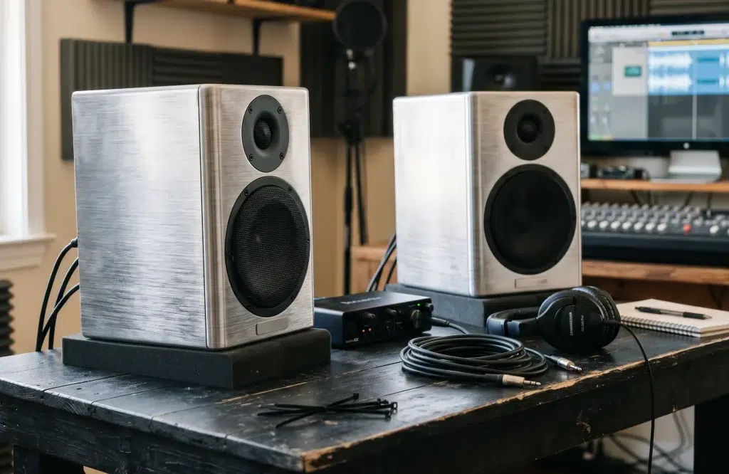 speakers met brushed steel print wrap